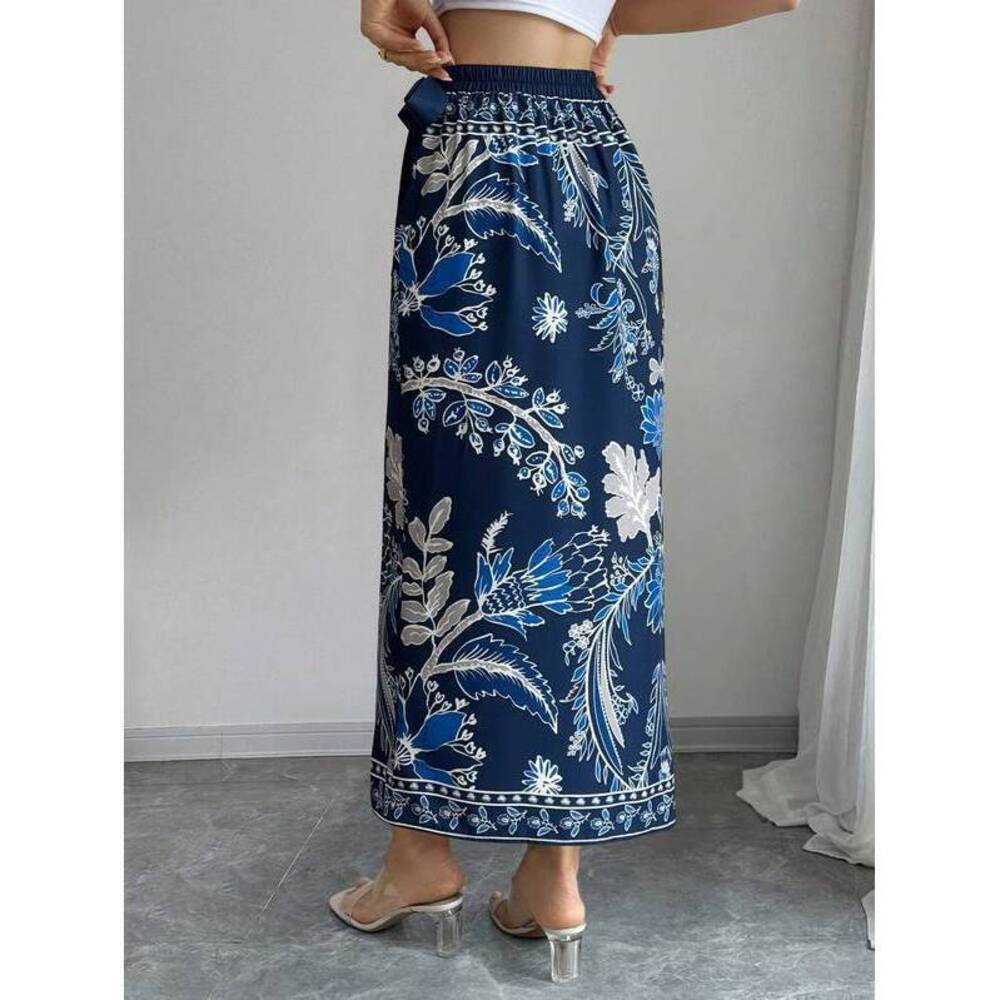 Elenzga Women's Floral Print Tie Waist Casual Wrap Skirt, Suitable For Vacation - Picture 2 of 4